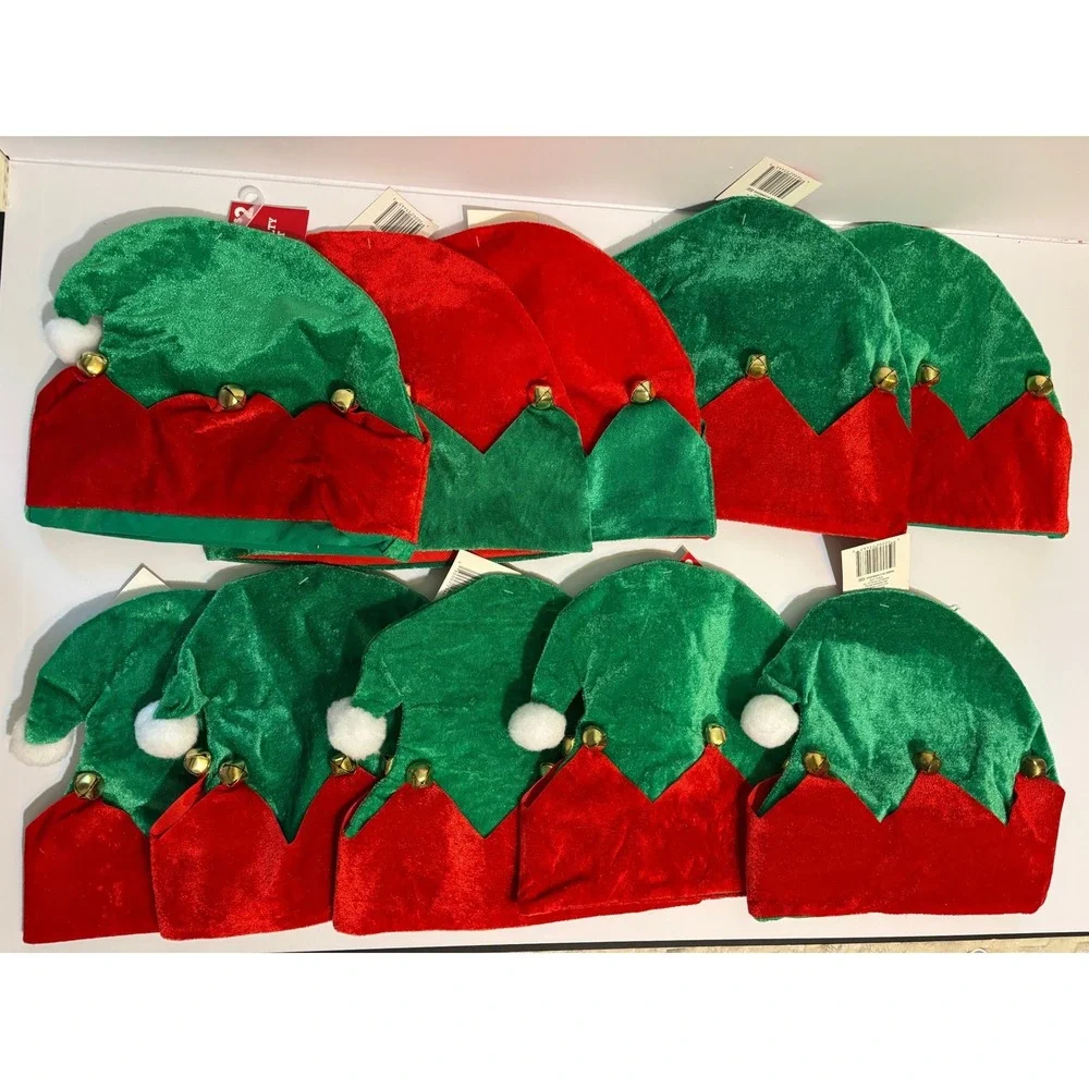 10 Pack Christmas Elf Hats Red Green Velvet Jingle Bells Holiday Party Lot NWT